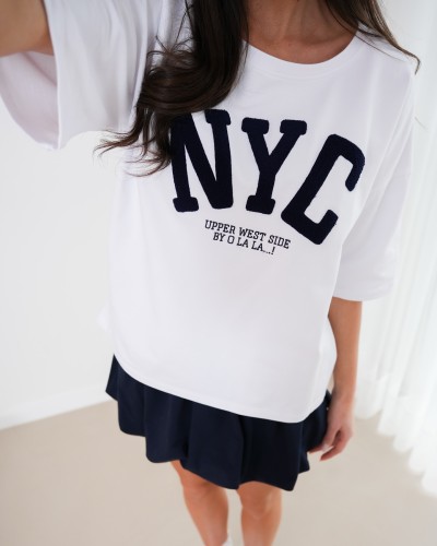 T-shirt NYC By o la la...! biały z granatem