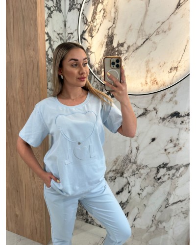 T-shirt z wytłaczanym misiem By o la la...! błękitny