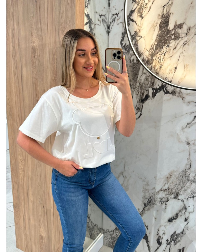 T-shirt z wytłaczanym misiem By o la la...! śmietanowy T-shirt z wytłaczanym misiem By o la la...! śmietanowy