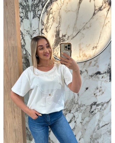 T-shirt z wytłaczanym misiem By o la la...! śmietanowy