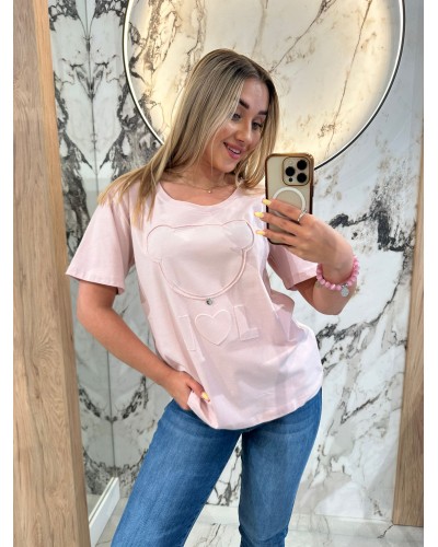 T-shirt z wytłaczanym misiem By o la la...! różowy