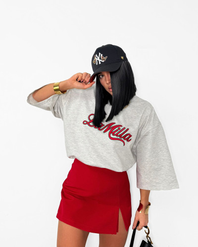 T-shirt oversize La Milla streetwear szary z czerwonym napisem