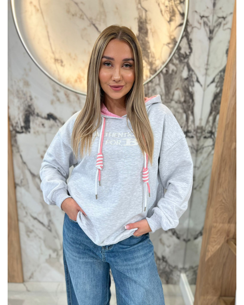 Bluza z kapturem By o la la...! szary melanż z sugar pink