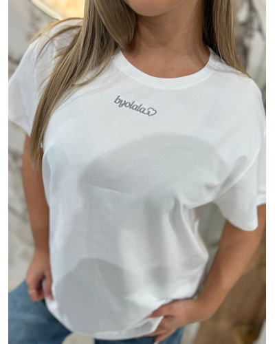 T-shirt z napisem By o la la...! biały z szarym