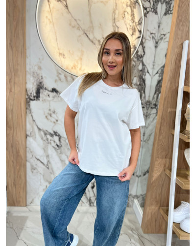 T-shirt z napisem By o la la...! biały z szarym