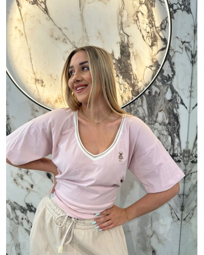 T-shirt z dekoltem w szpic z misiem By o la la...! różowa