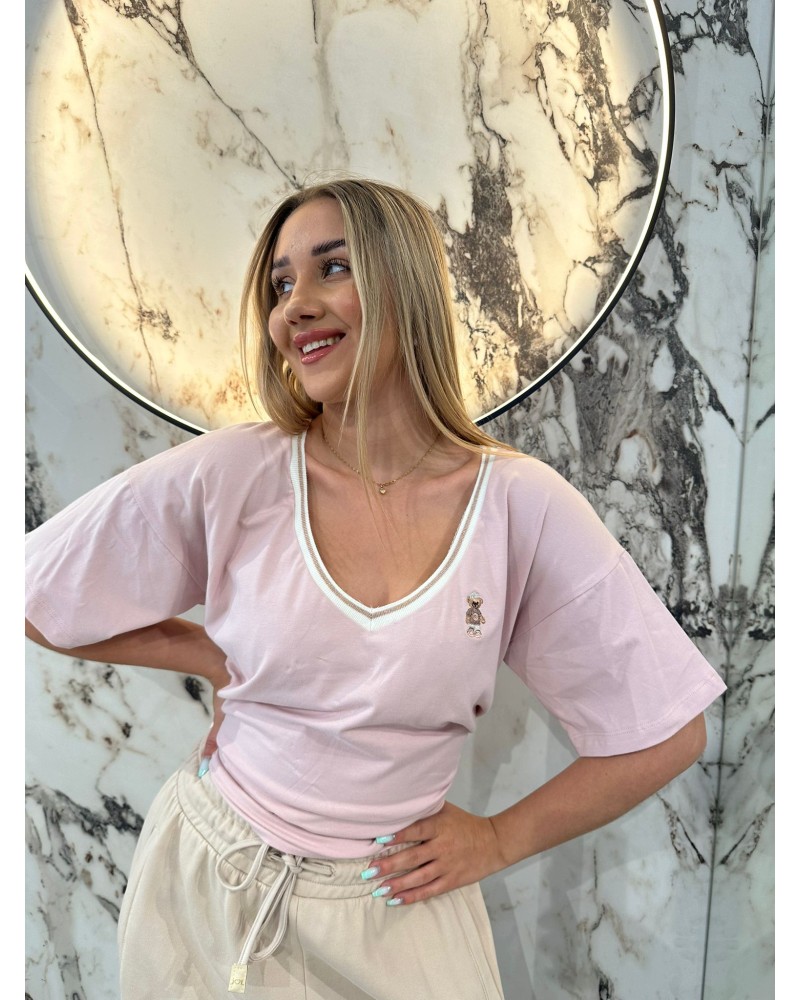 T-shirt z dekoltem w szpic z misiem By o la la...! różowa T-shirt z dekoltem w szpic z misiem By o la la...! różowa