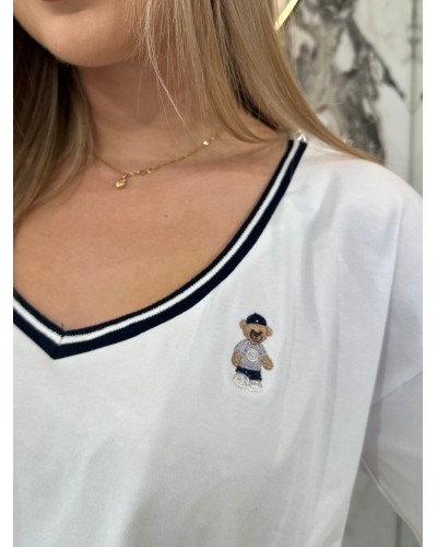 T-shirt z dekoltem w szpic z misiem By o la la...! biały z granatem