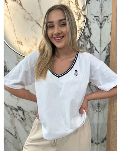 T-shirt z dekoltem w szpic z misiem By o la la...! biały z granatem
