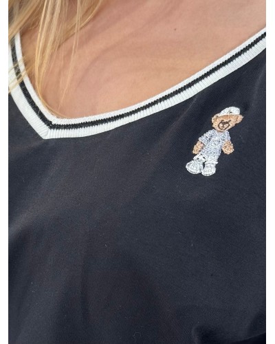 T-shirt z dekoltem w szpic z misiem By o la la...! granatowy