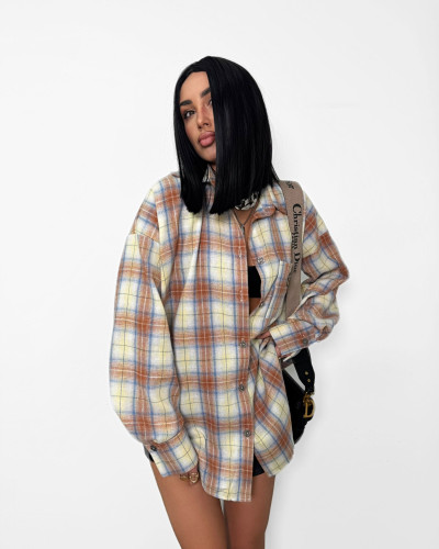 Koszula dłuższa w kratę La Milla camel z niebieskim