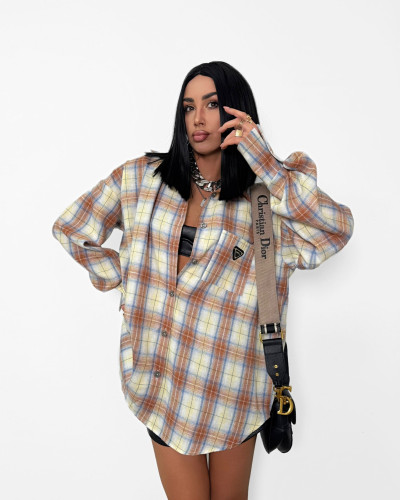 Koszula dłuższa w kratę La Milla camel z niebieskim