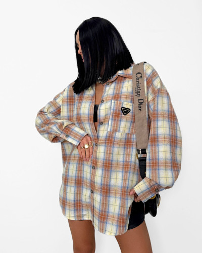 Koszula dłuższa w kratę La Milla camel z niebieskim