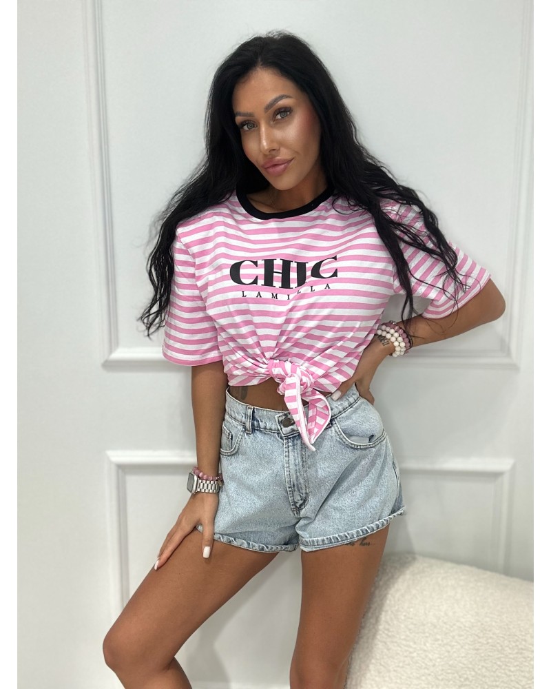 T-shirt w paski CHIC z wiązaniem La Milla różowy T-shirt w paski CHIC z wiązaniem La Milla różowy