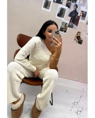 Komplet sweterkowy warkocz La Milla śmietankowy