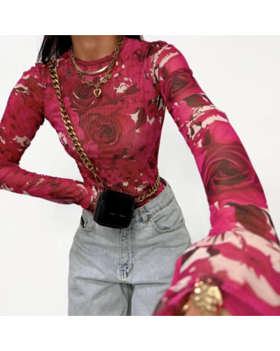 Bluzka kwiecista siateczka La Milla fuksja z czerwienią