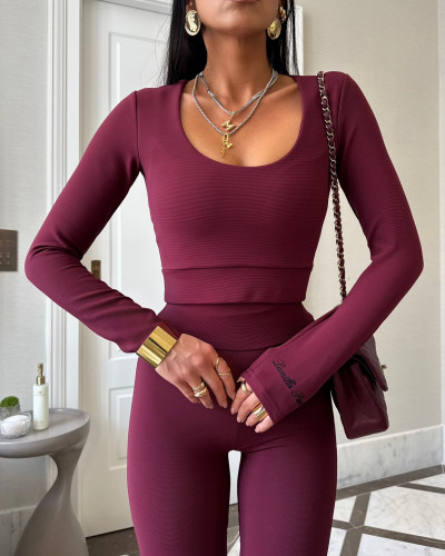 Komplet prążkowany legginsy + top La Milla burgundowy