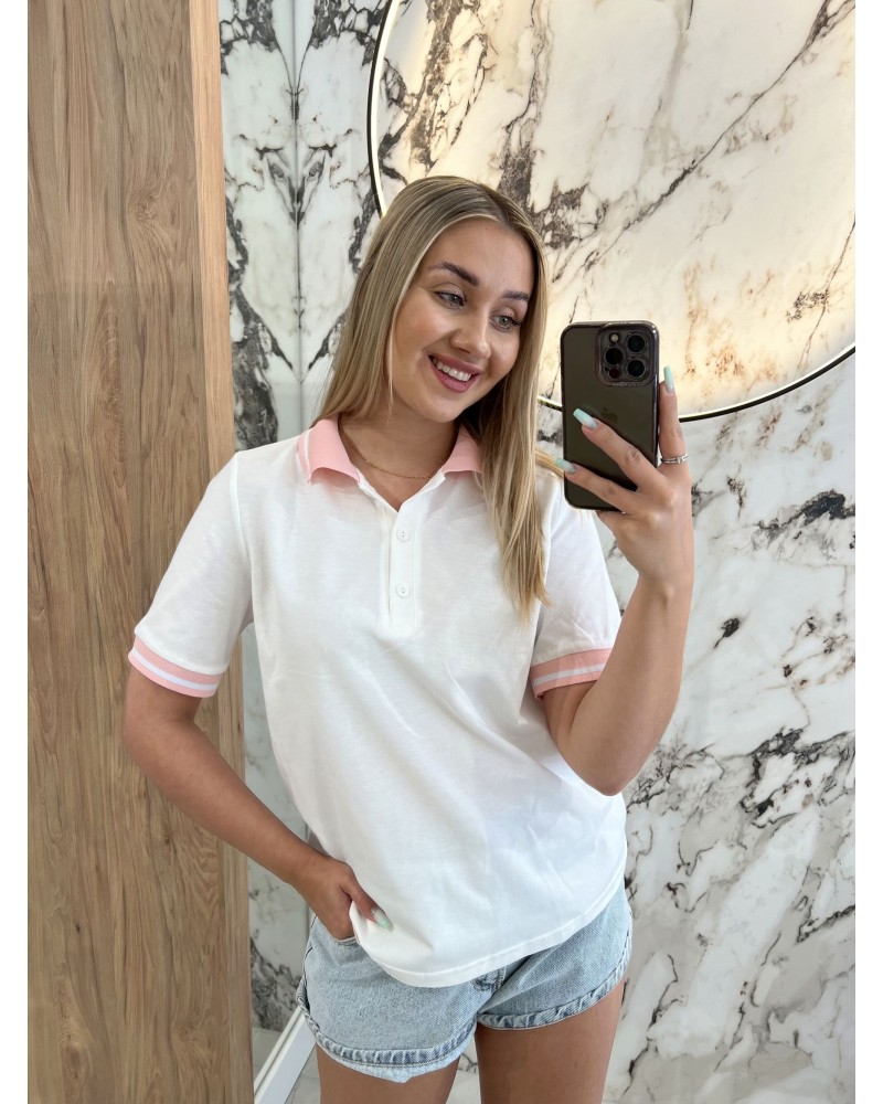 Koszulka polo By o la la...! biała z różem Koszulka polo By o la la...! biała z różem
