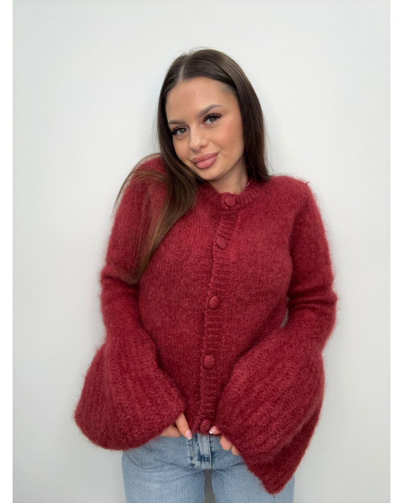 Sweter rozpinany z rozkloszowanym rękawem ceglany