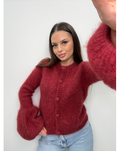 Sweter rozpinany z rozkloszowanym rękawem ceglany