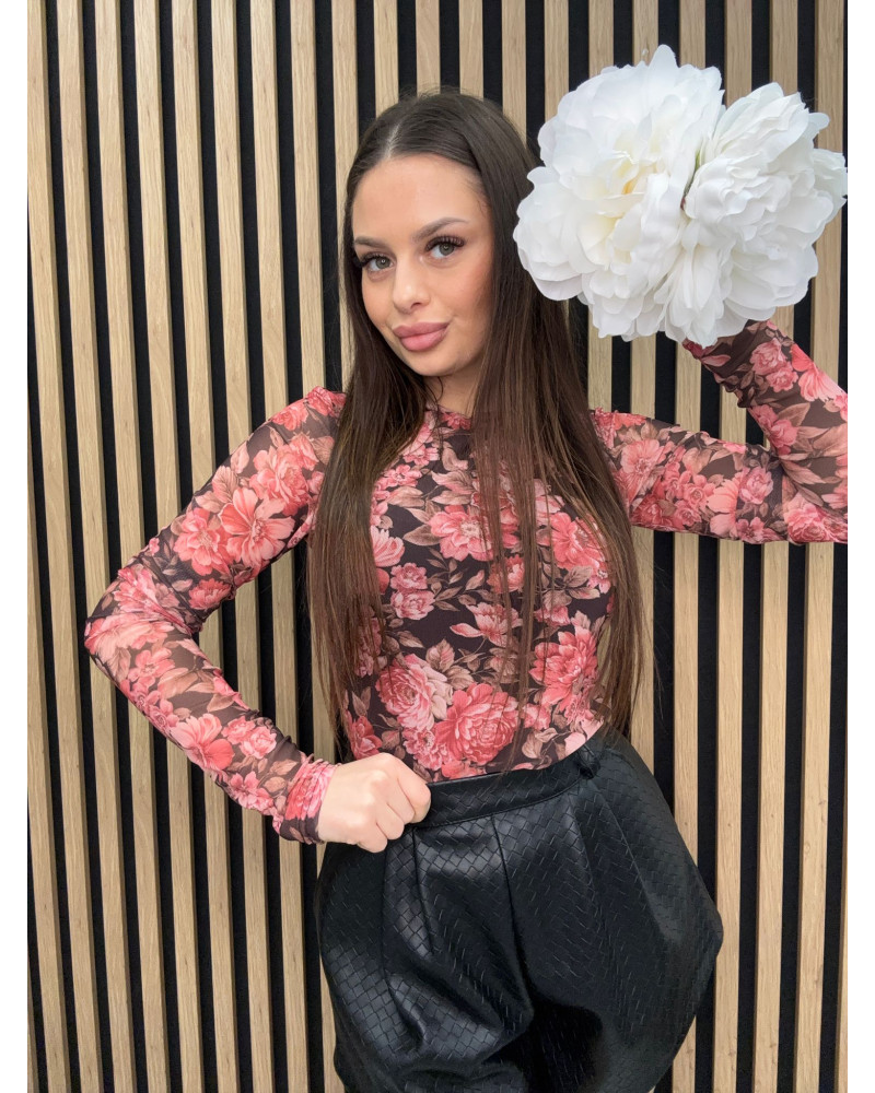 Bluzka kwiecista siateczka La Milla czarna z różem