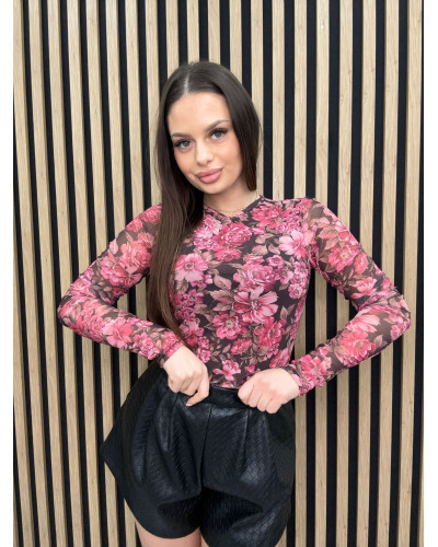 Bluzka kwiecista siateczka La Milla czarna z fuksją
