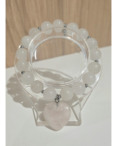 Bransoletka Margerita transparentna biała z kryształowym różowym sercem