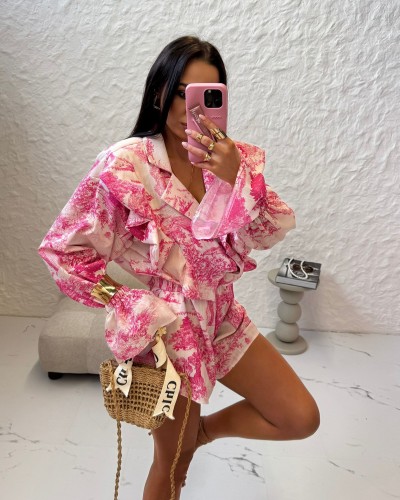 Komplet w stylu DIOR spodenki + koszula La Milla różowy