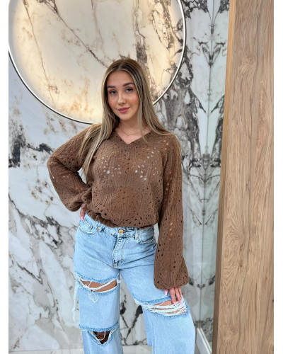 Sweter ażurowy w serek By o la la...! kakao