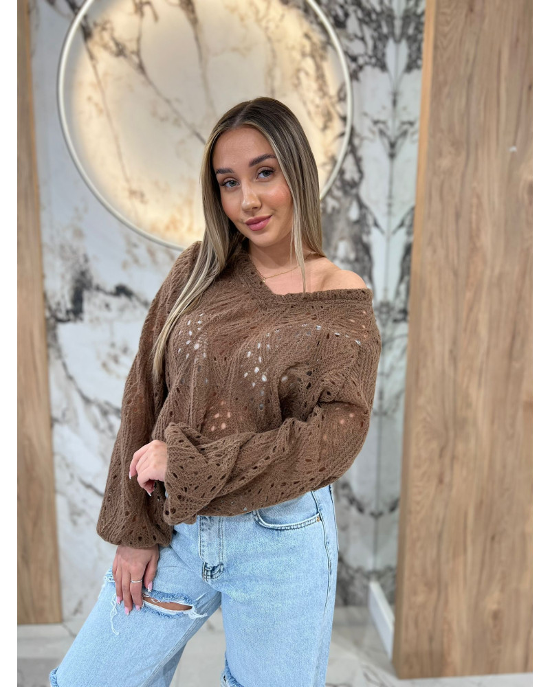 Sweter ażurowy w serek By o la la...! kakao