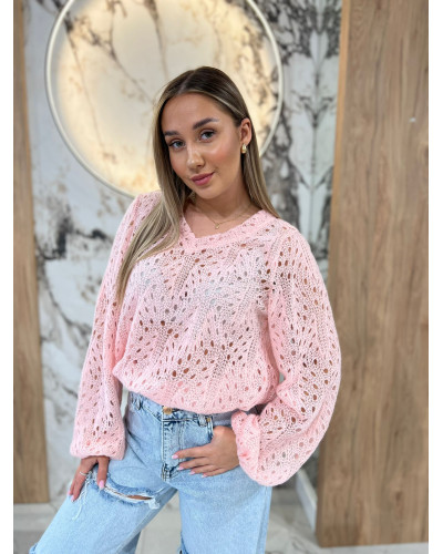 Sweter ażurowy w serek By o la la...! różowy