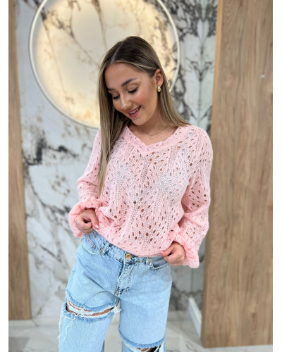 Sweter ażurowy w serek By o la la...! różowy