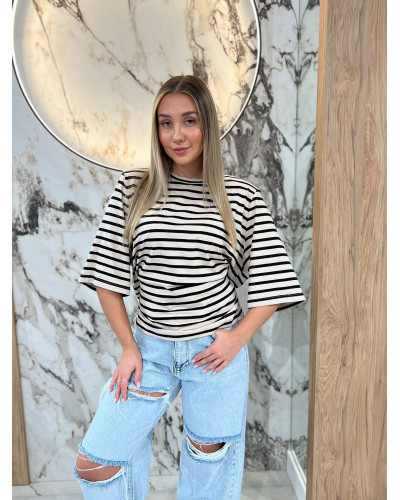 T-shirt z poduszkami w paski By o la la...! beżowy z czarnym