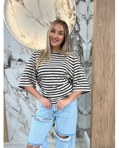 T-shirt z poduszkami w paski By o la la...! beżowy z czarnym