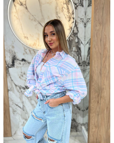 Koszula w kratę By o la la...! różowa z błękitem