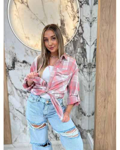 Koszula w kratę By o la la...! różowa z beżowym