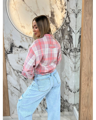 Koszula w kratę By o la la...! różowa z beżowym