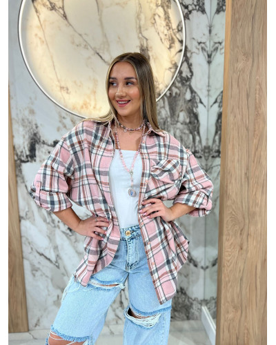 Koszula w kratę By o la la...! różowa z szarym