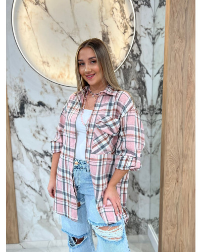 Koszula w kratę By o la la...! różowa z szarym