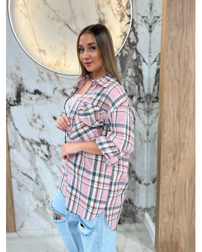 Koszula w kratę By o la la...! różowa z szarym
