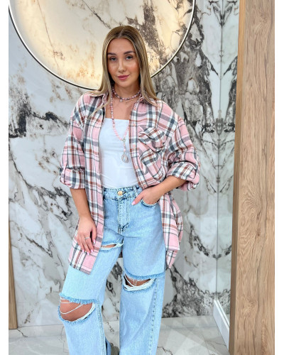 Koszula w kratę By o la la...! różowa z szarym