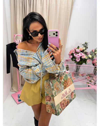 Koszula z wiązanym mankietem La Milla niebieska z musztardą