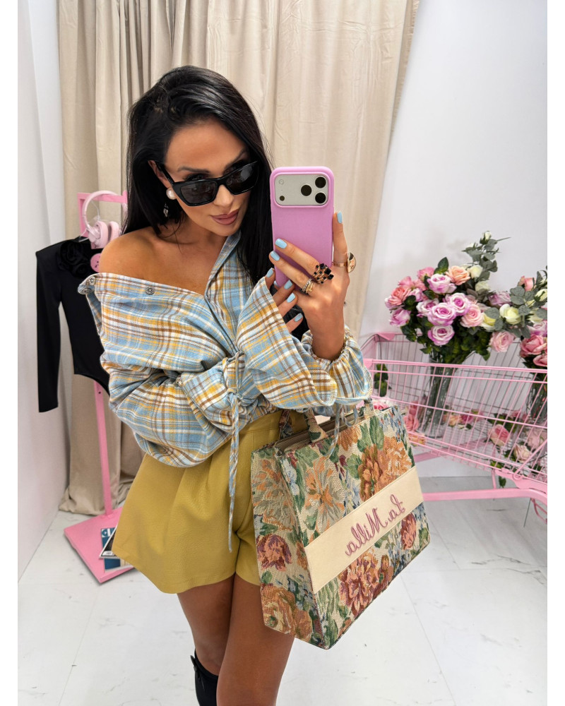 Koszula z wiązanym mankietem La Milla niebieska z musztardą