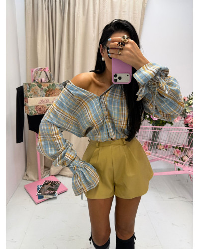 Koszula z wiązanym mankietem La Milla niebieska z musztardą