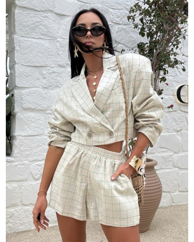 Komplet w kratkę marynarka + spodenki La Milla beżowy