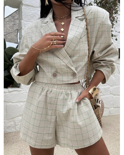 Komplet w kratkę marynarka + spodenki La Milla beżowy