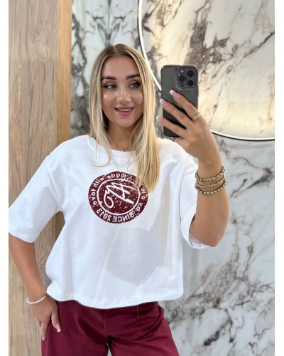 T-Shirt pudełko z okrągłym logo by o la la...! biały z merlotem