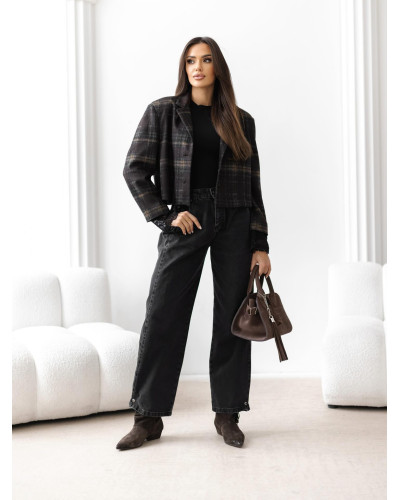 Marynarka krótka w kratkę By o la la...! czekoladowa