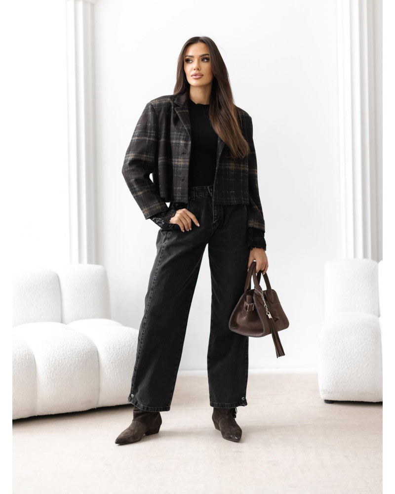 Marynarka krótka w kratkę By o la la...! czekoladowa