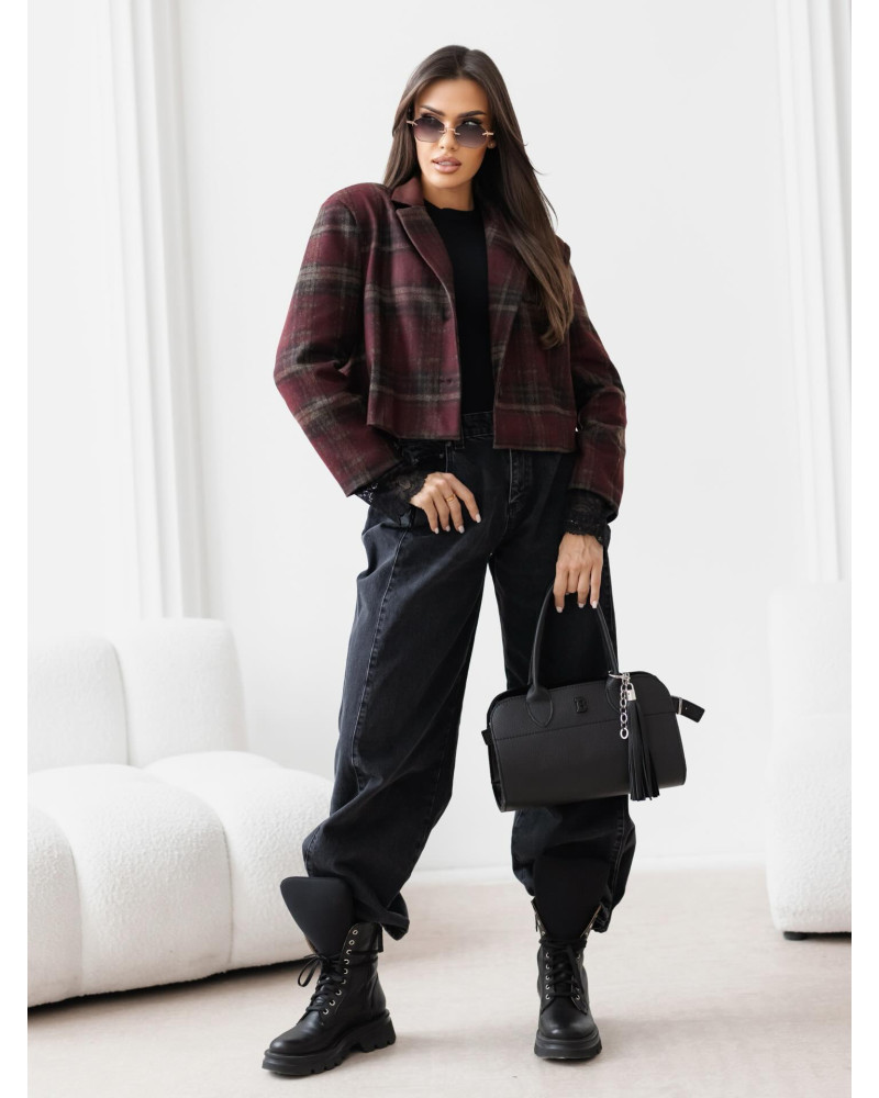 Marynarka krótka w kratkę By o la la...! burgundowa